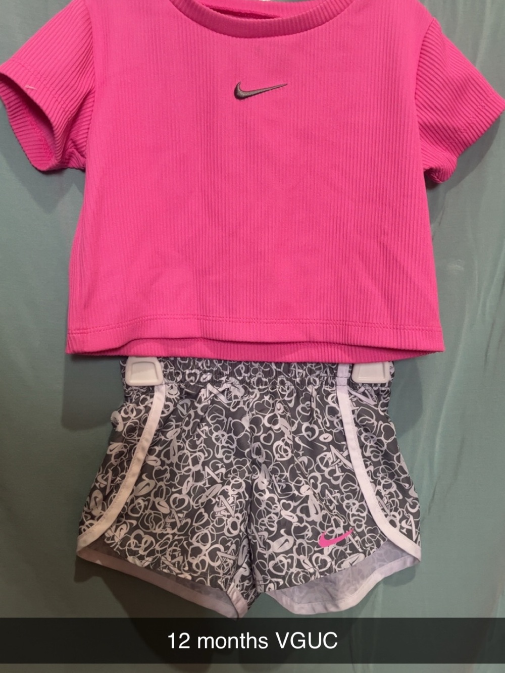 Nike Hot Pink Ribbed Crop Tee with Gray Patterned Athletic Shorts